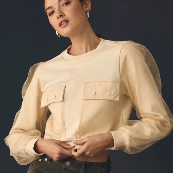 Anthropologie Sweaters - Anthropology Utility Pocket Pullover Sweater Womens Cream Sheer‎ Crew Neck Sz L